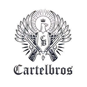 Black and white logo featuring a crowned eagle with spread wings, two crossed pistols, and stylized text reading Cartelbros below the image. The design has a bold, intricate, and symmetrical style.