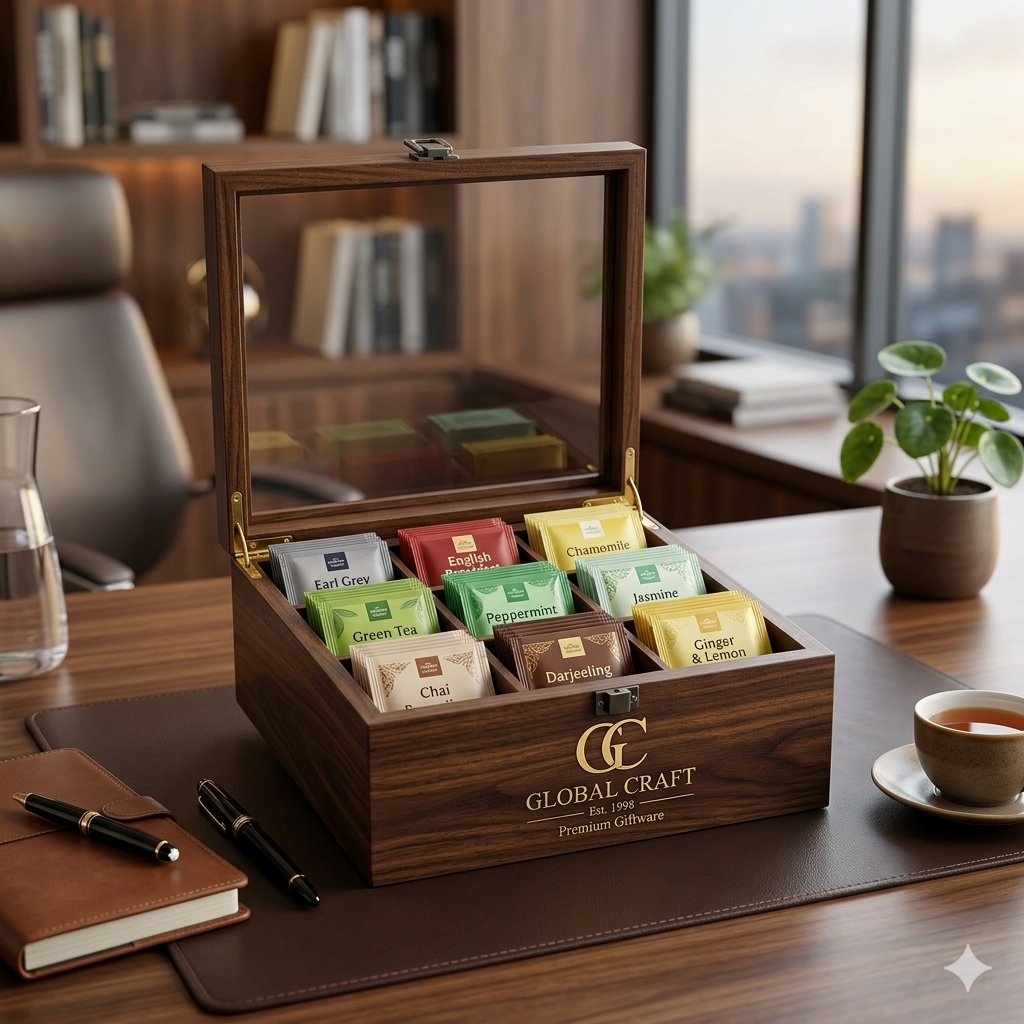 A wooden tea box labeled Global Craft sits open on a desk, displaying assorted tea sachets including Earl Grey, Green Tea, Peppermint, Jasmine, Chai, Darjeeling, and Ginger & Lemon in an elegant office setting.