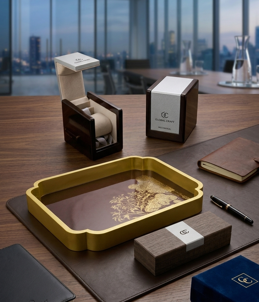 A modern office desk with elegant accessories, including a gold tray with an intricate design, a pen, a notebook, a watch box, and decorative boxes. A city skyline is visible through large windows in the background. Ideal for corporate gifting.