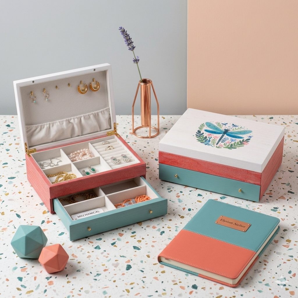 A pastel-colored jewelry box with compartments and a dragonfly design is open displaying jewelry. Next to it are a closed matching box, a notebook, two geometric ornaments, and a copper vase with lavender on a terrazzo surface.