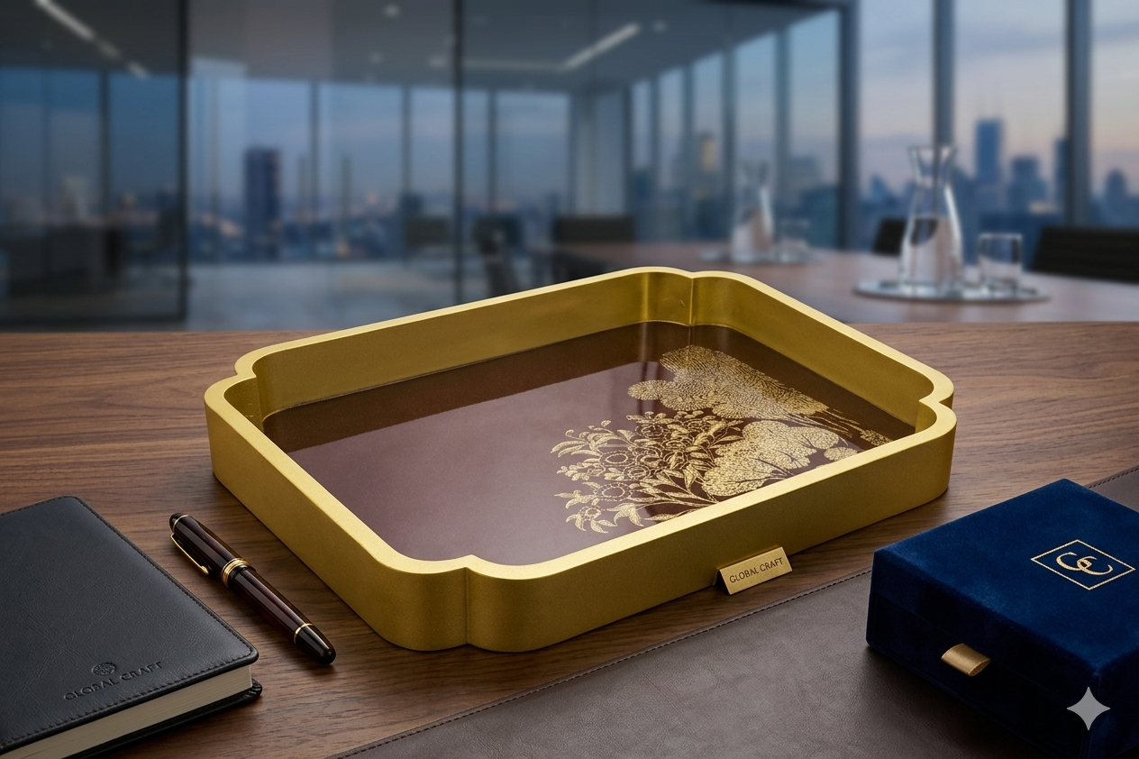 A gold decorative tray with an intricate floral design sits on a wooden office desk, alongside a pen, a closed notebook, and a blue velvet box, with a city view visible through large windows in the background. Ideal for corporate gifting.