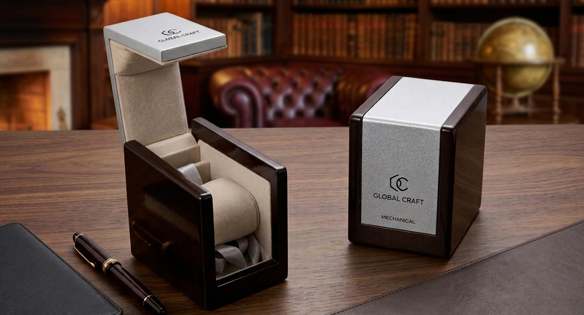 A luxury watch winder box with “Global Craft” branding sits open on a wooden desk, next to a closed matching box. The background includes leather furniture, bookshelves, and a globe, creating an elegant office setting. Great for corporate gifting.