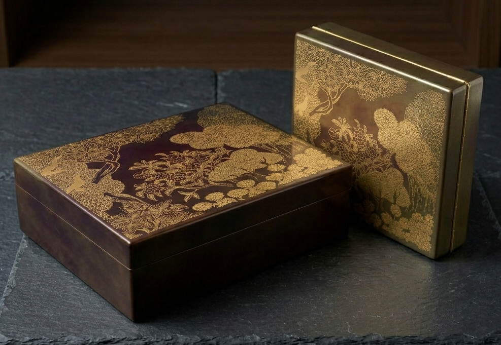 Two ornate lacquered boxes with gold leaf designs of trees and foliage. One box is lying flat, and the other is standing upright, both on a dark slate surface with a wooden background.