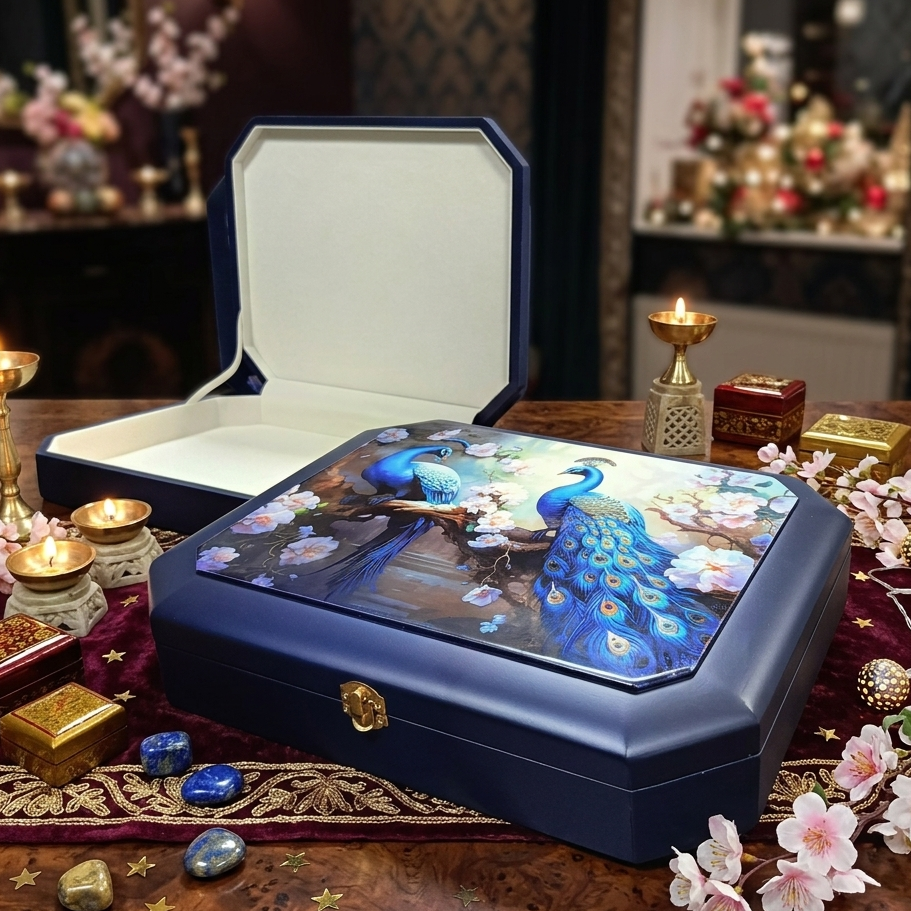 A decorative blue jewelry box with a painting of two peacocks on the lid sits open on an ornate table. Surrounding it are lit oil lamps, gemstones, and small decorative boxes, creating a festive, elegant atmosphere.