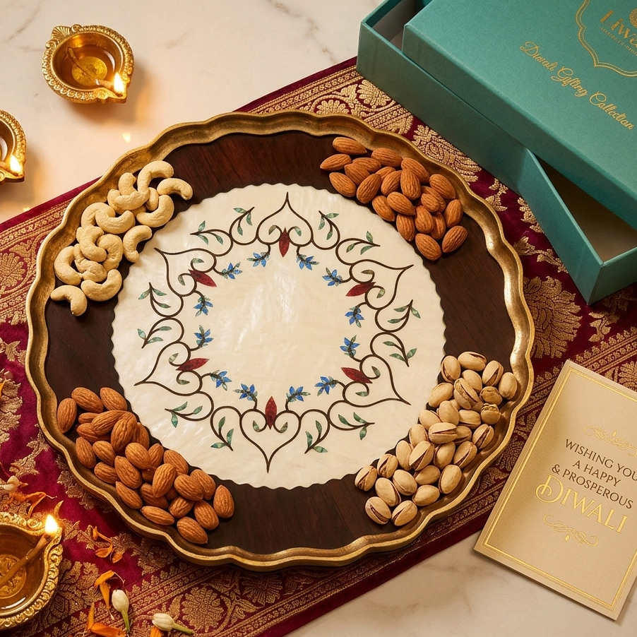 A decorative tray with cashews, almonds, and pistachios is placed on a red cloth alongside lit oil lamps and a Diwali greeting card, with a green gift box in the corner.