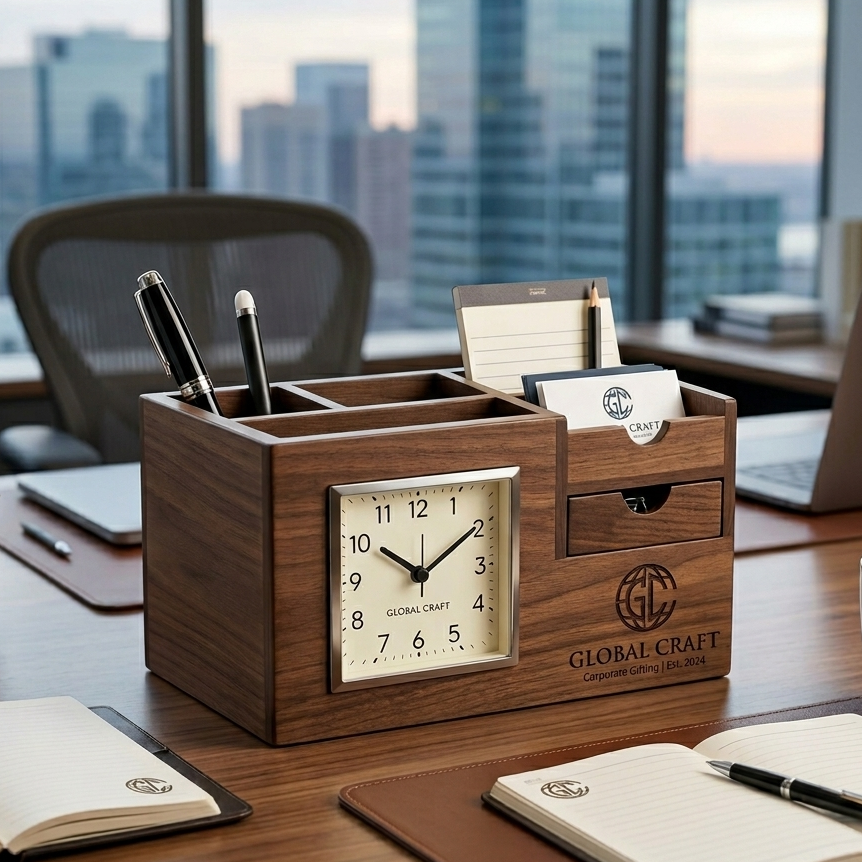 A wooden desk organizer with compartments holds pens, notepads, and business cards. It features a square clock on the front and GLOBAL CRAFT branding. The organizer sits on a conference table with notebooks and city buildings in the background.