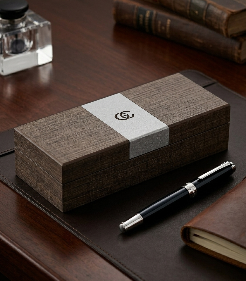 A wooden pen case with a silver band and a stylized C logo sits on a desk beside a black fountain pen, a leather notebook, old books, and an ink bottle. Ideal for corporate gifting.
