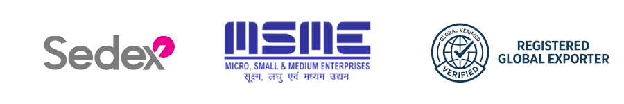 Three certification logos: Sedex in gray and pink, MSME (Micro, Small & Medium Enterprises) in blue with Hindi text, and a Registered Global Exporter badge—proudly presented by Global Craft, a trusted Wooden Boxes manufacturer.